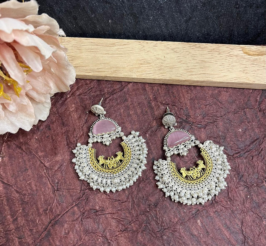 Baby Pink stone studded dual tone chandbali earrings