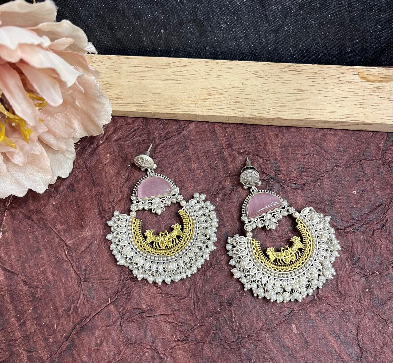 Baby Pink stone studded dual tone chandbali earrings