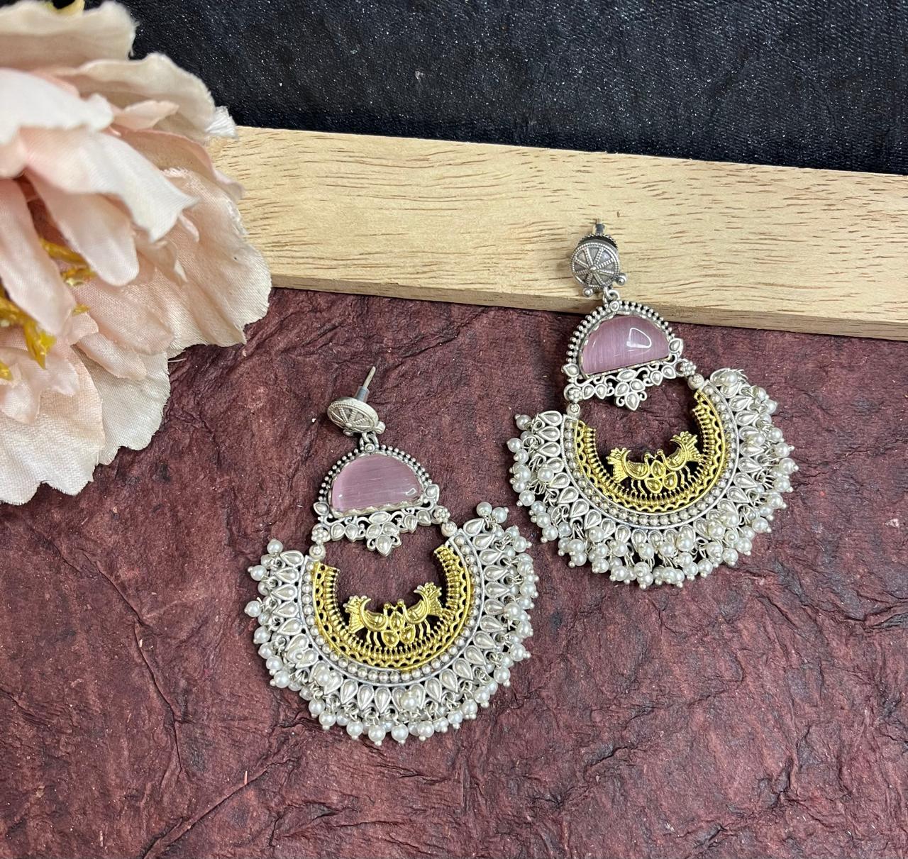 Baby Pink stone studded dual tone chandbali earrings