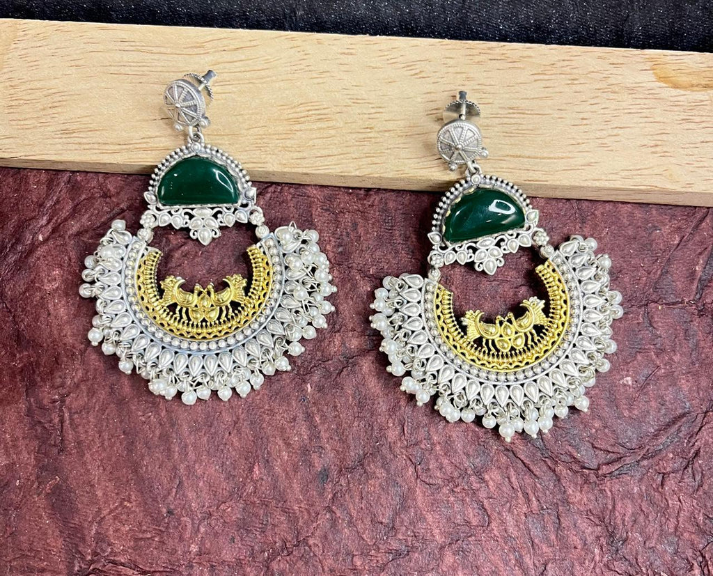 Green stone studded dual tone chandbali earrings
