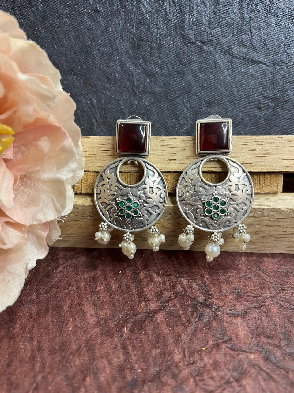 Stone studded silver replica earrings