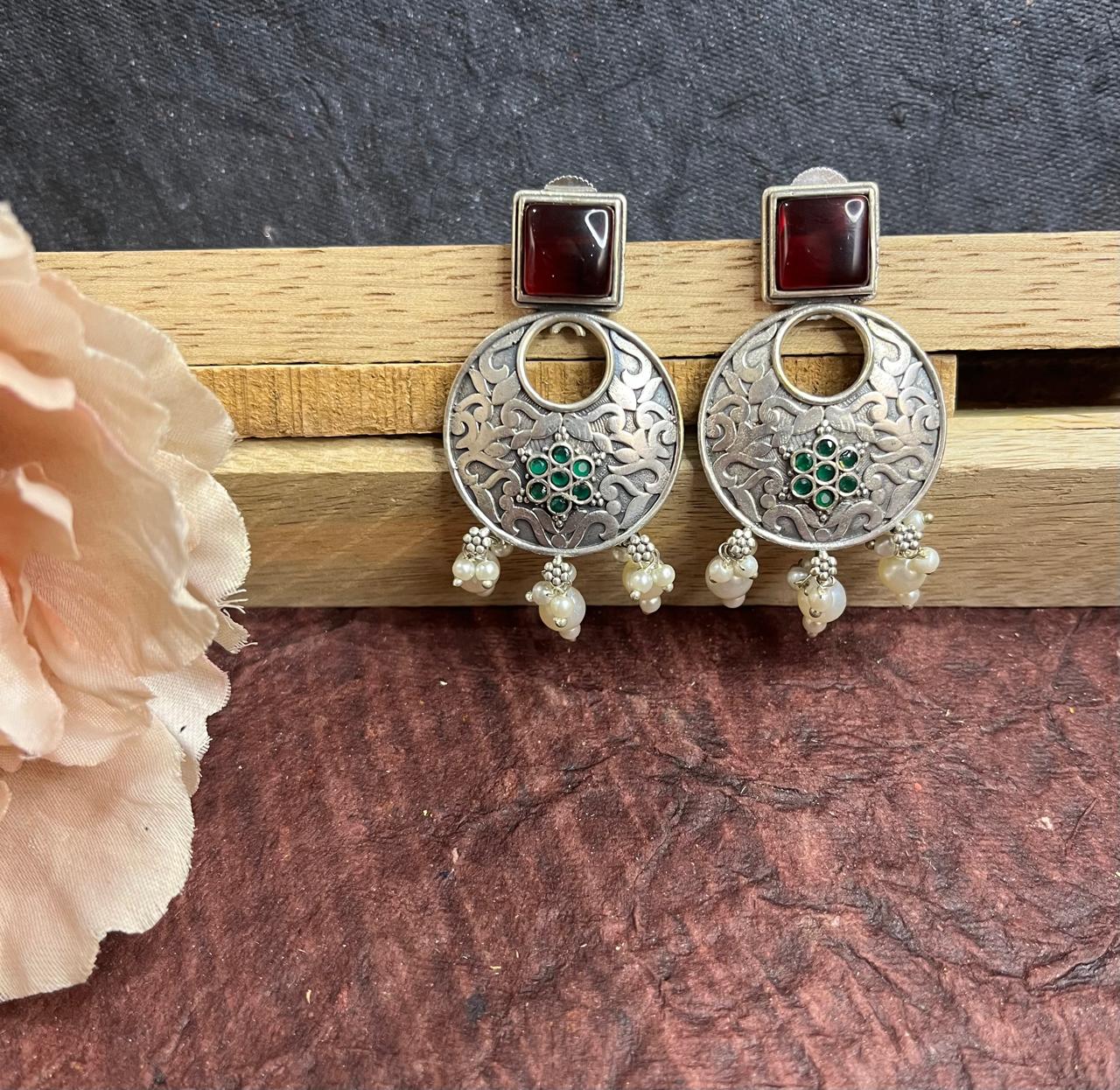 Stone studded silver replica earrings