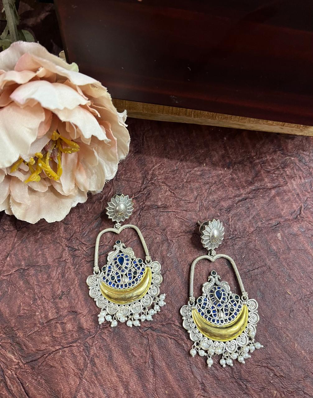 Dual tone stone studded chandbali earrings