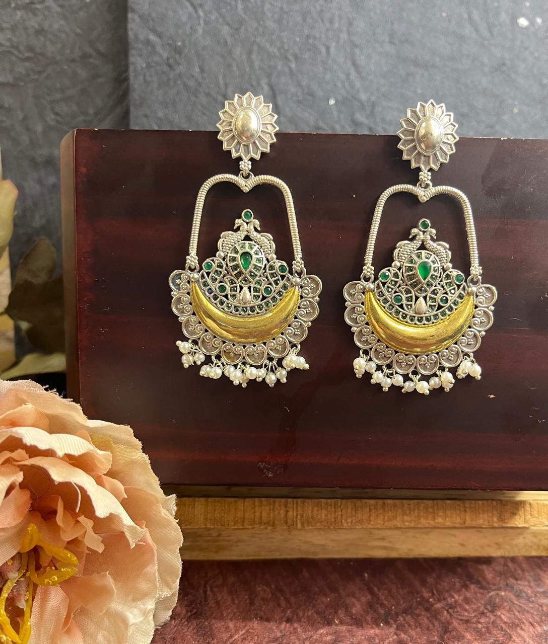 Dual tone stone studded chandbali earrings