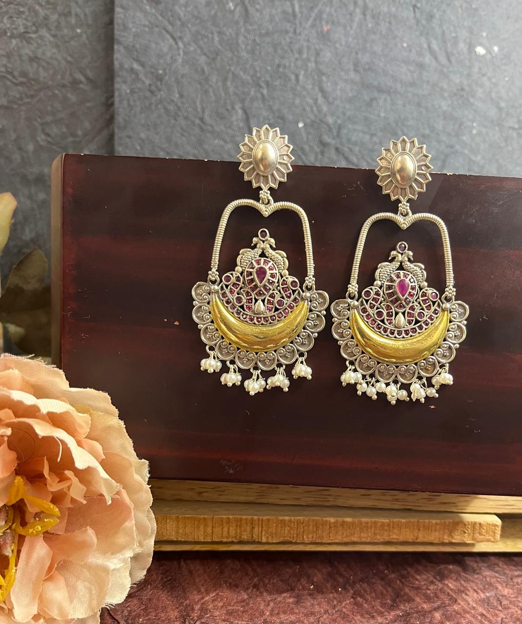 Dual tone stone studded chandbali earrings