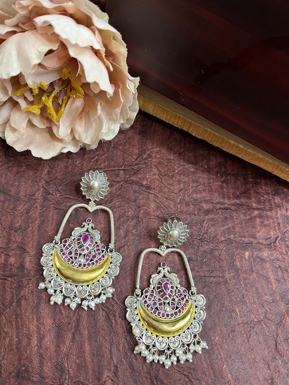 Dual tone stone studded chandbali earrings
