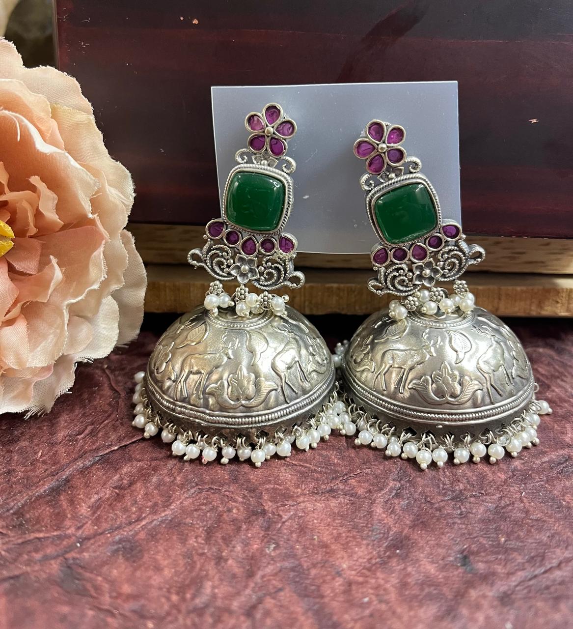 Stone studded silver replica big jhumkhas