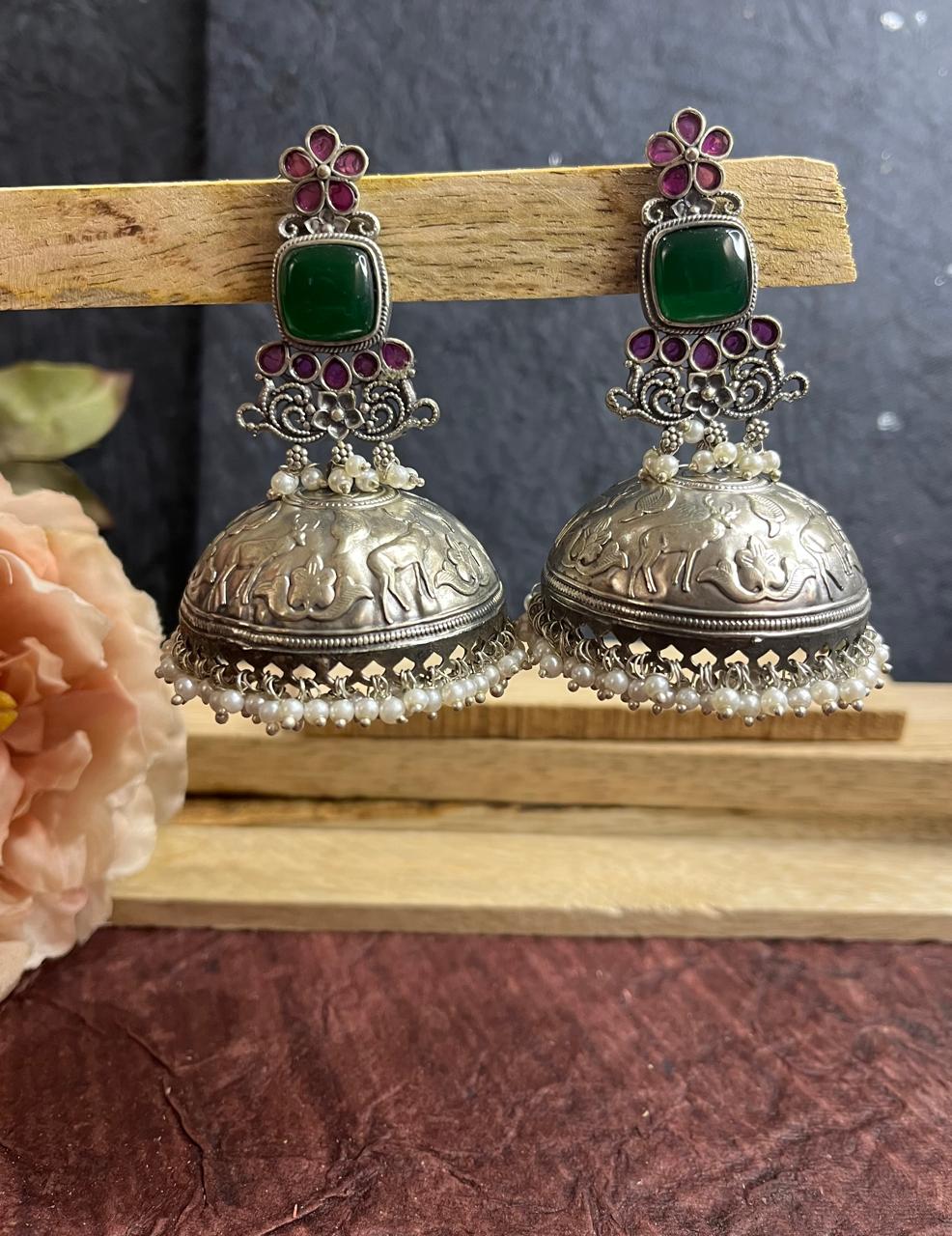 Stone studded silver replica big jhumkhas