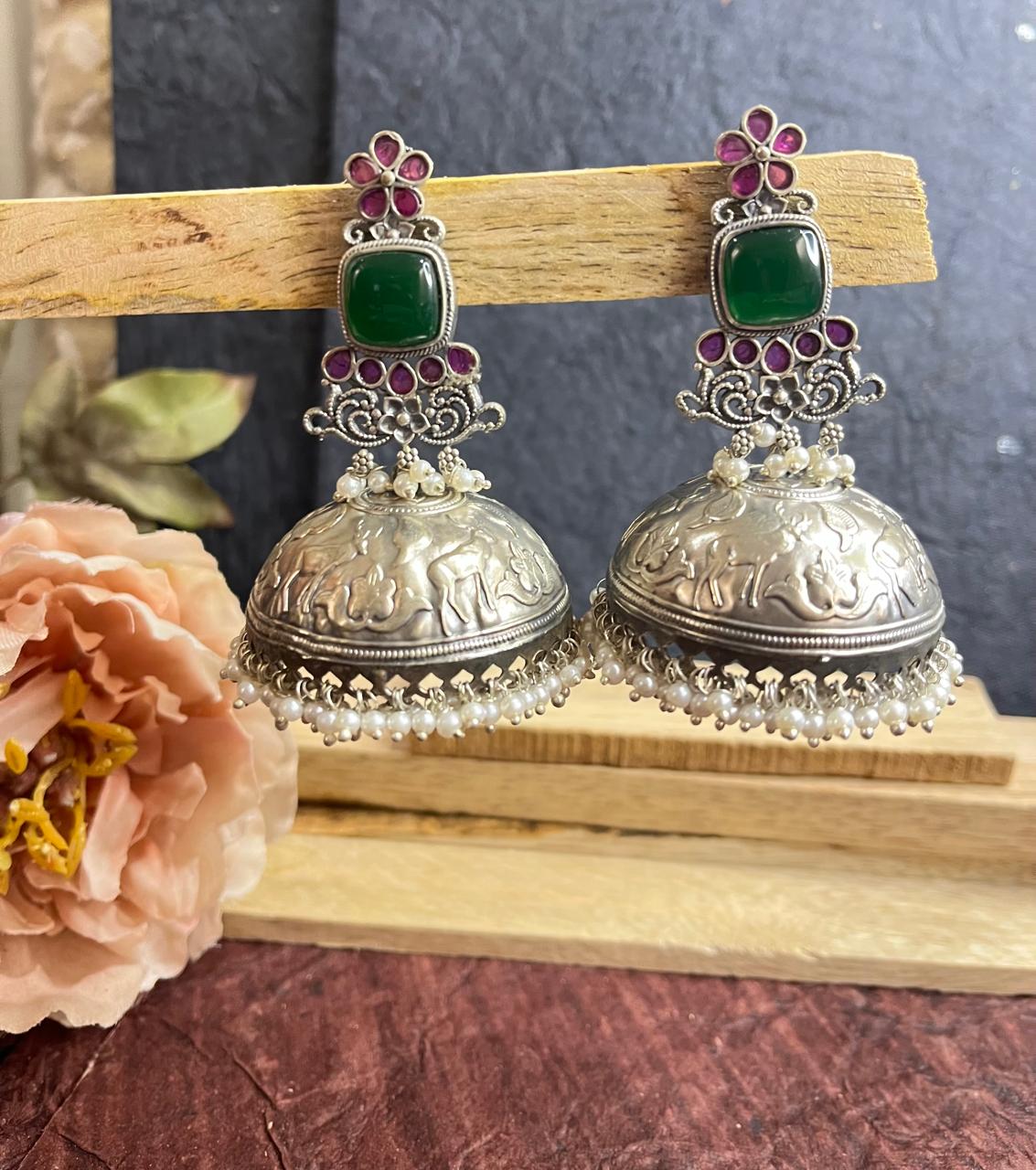 Stone studded silver replica big jhumkhas