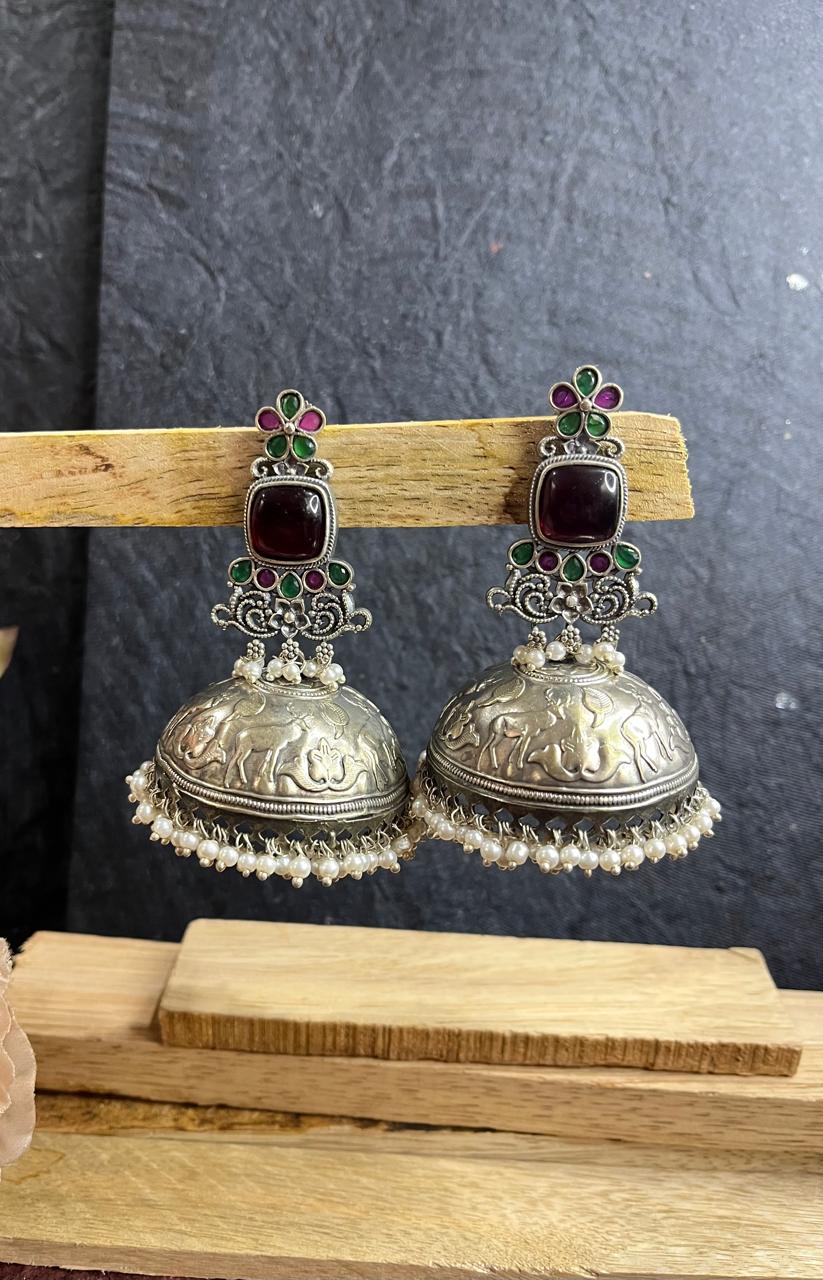 Stone studded silver replica  big jhumkhas