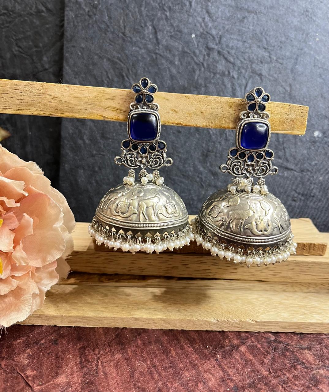Stone studded silver replica big jhumkhas