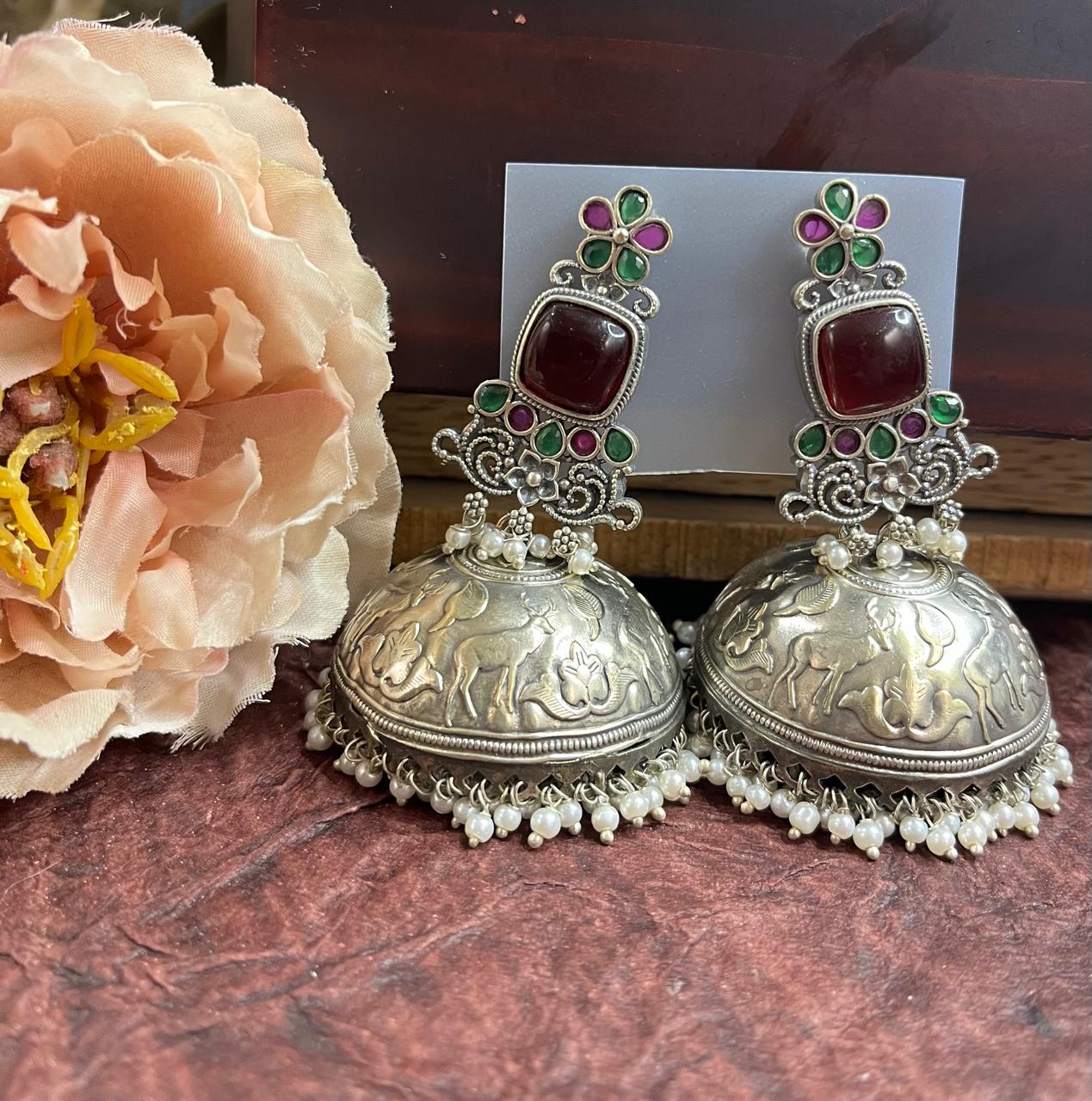 Stone studded silver replica  big jhumkhas