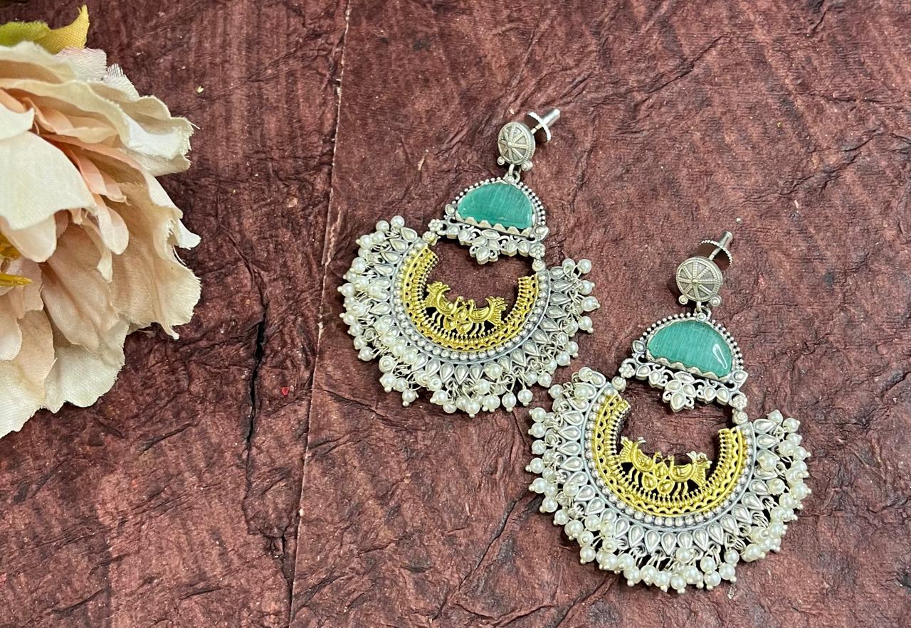 Dual tone stone studded chandbali earrings