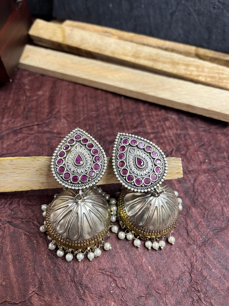 Dual tone stone studded jhumkhas