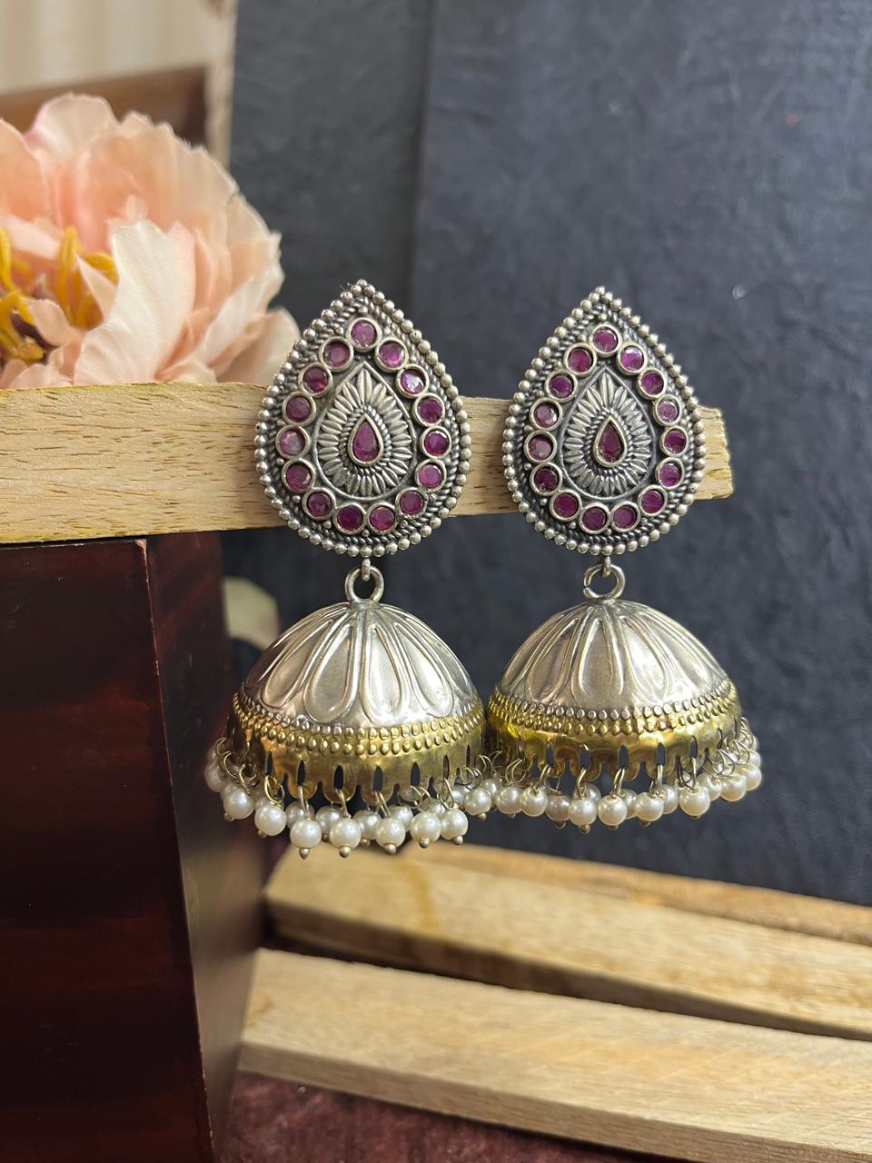 Dual tone stone studded jhumkhas