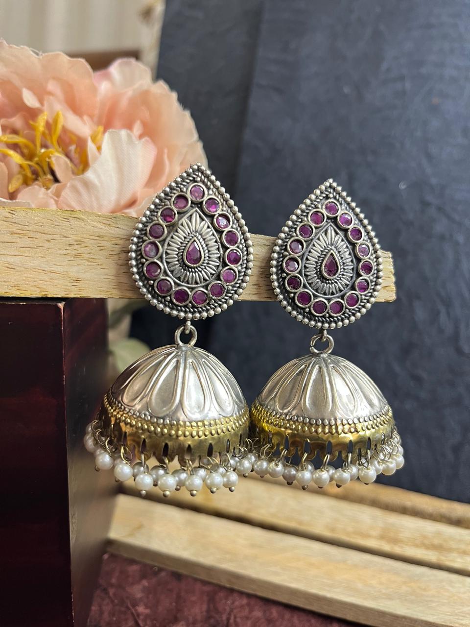 Dual tone stone studded jhumkhas