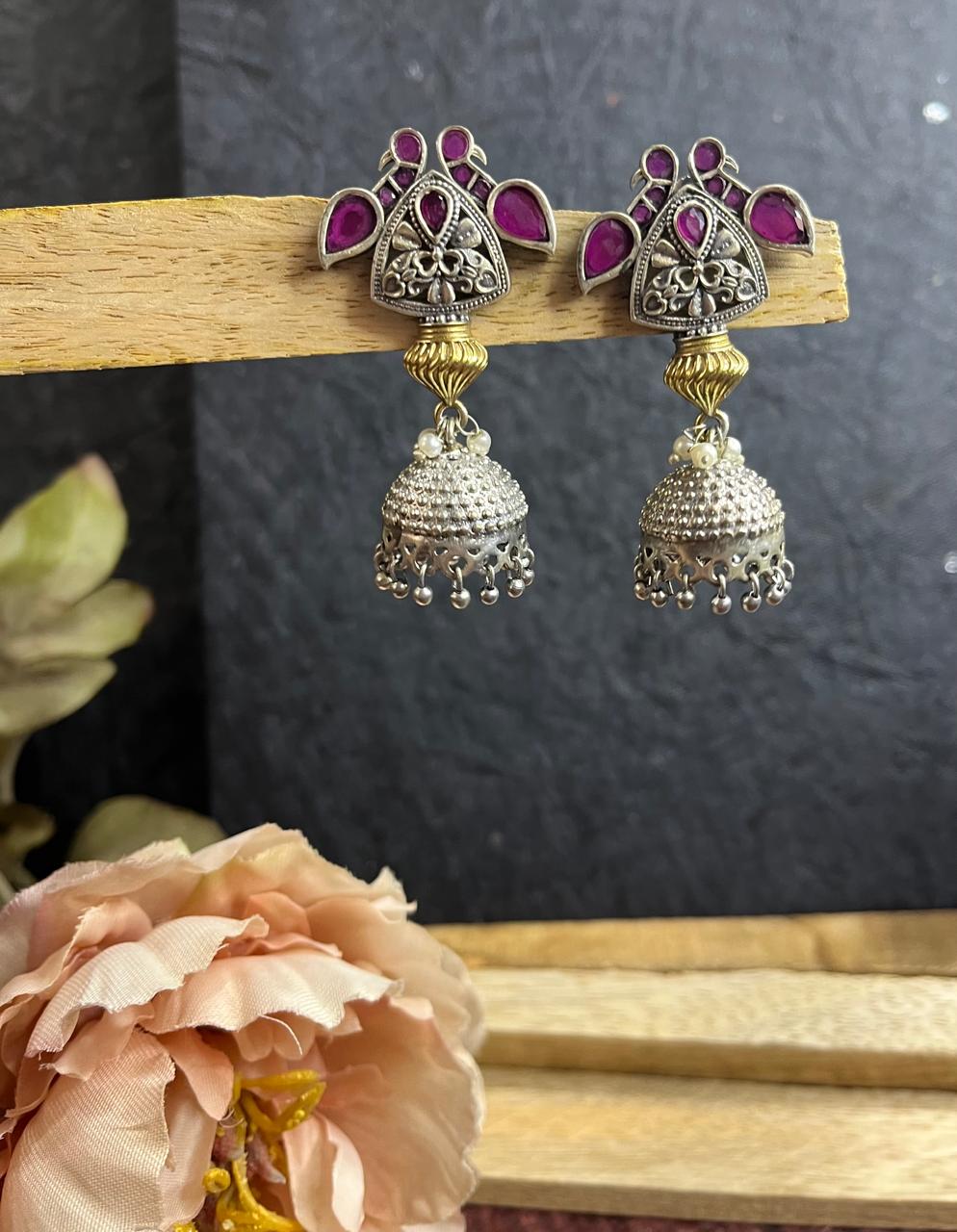 Dual tone stone studded jhumkhas