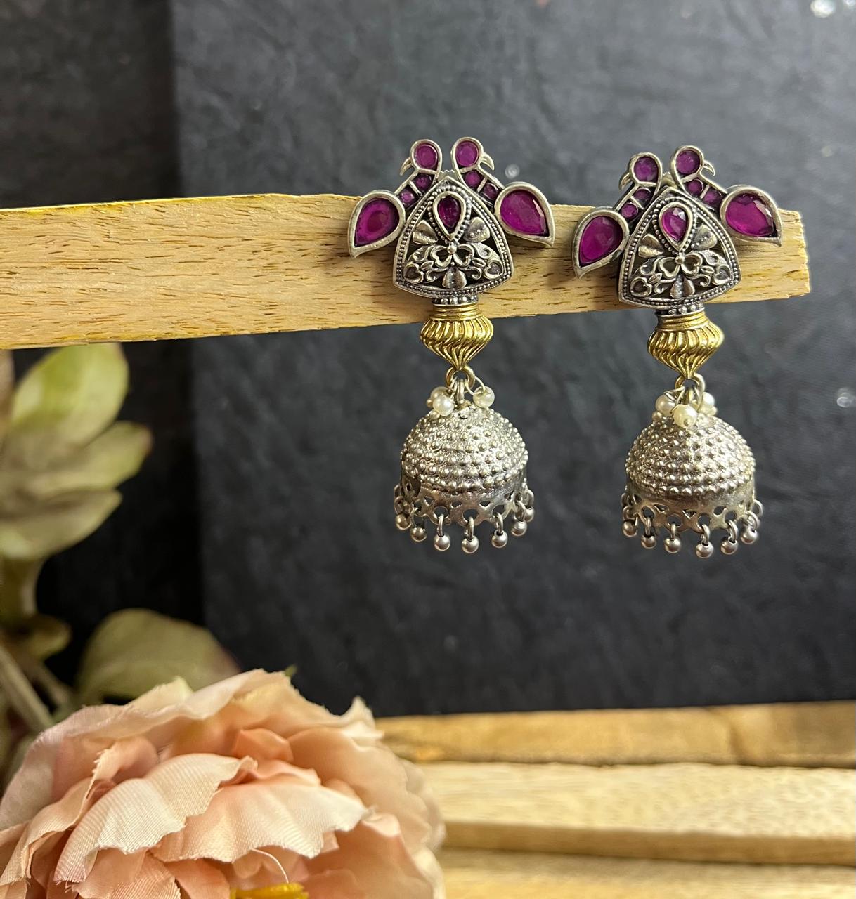 Dual tone stone studded jhumkhas