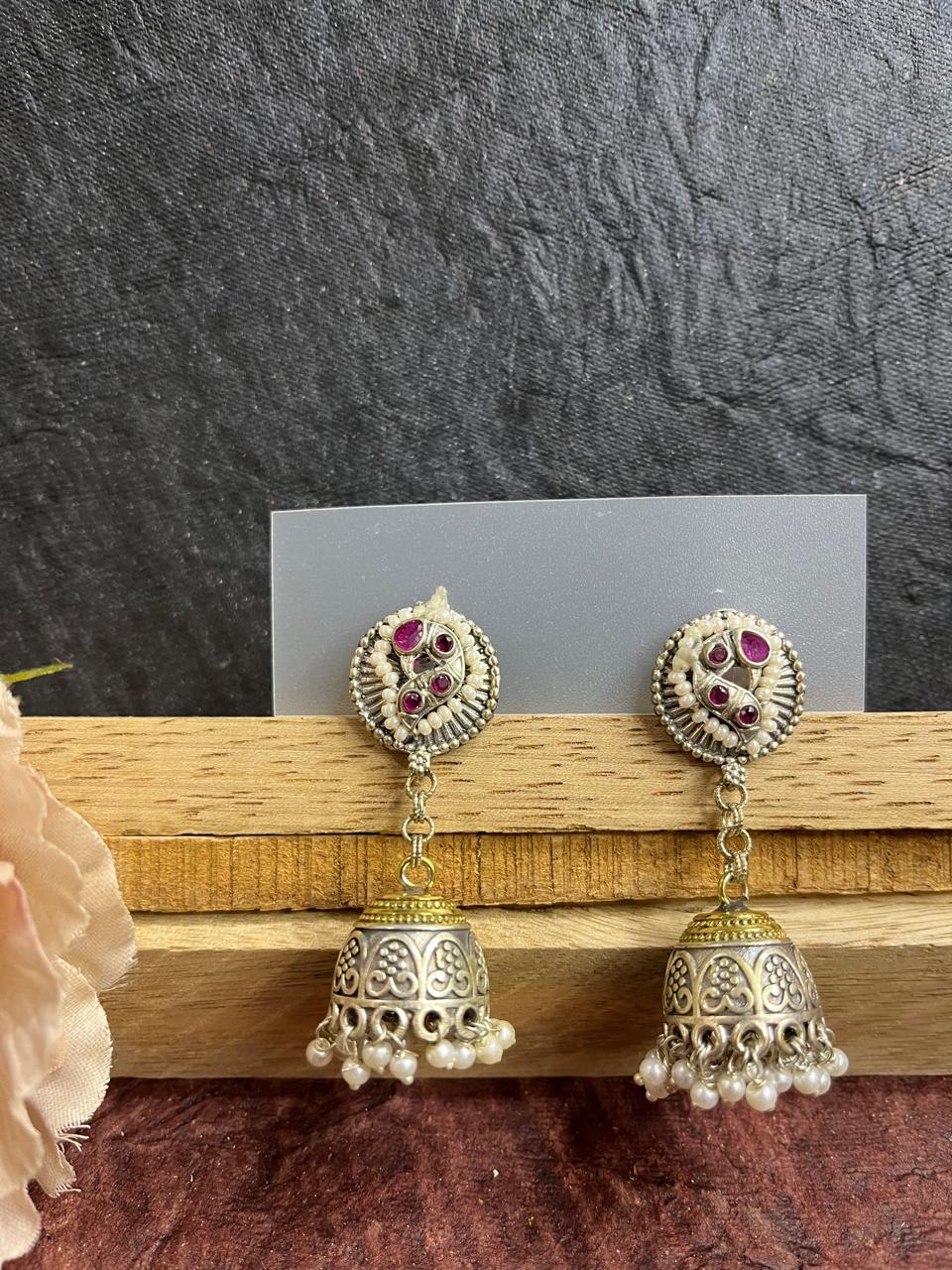 Dual tone jhumkhas with pearl carved line