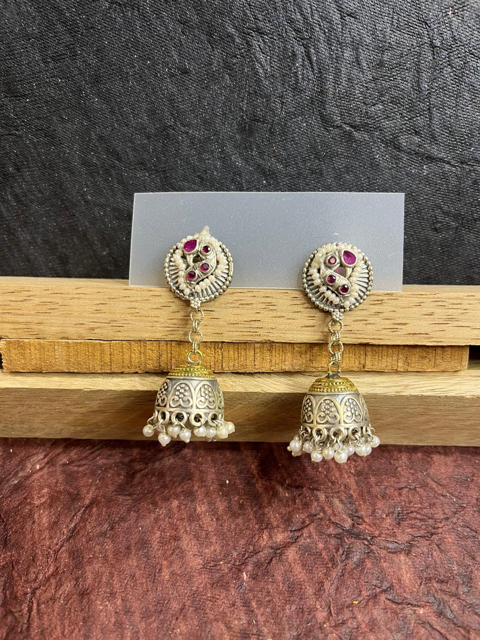 Dual tone jhumkhas with pearl carved line