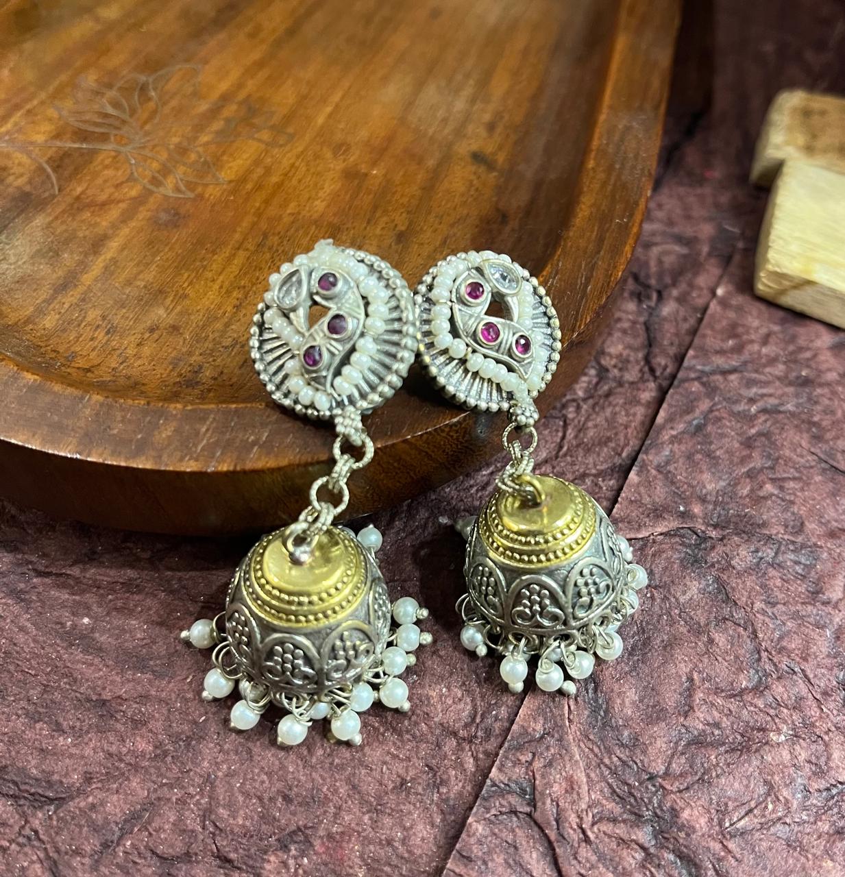 Dual tone jhumkhas with pearl carved line