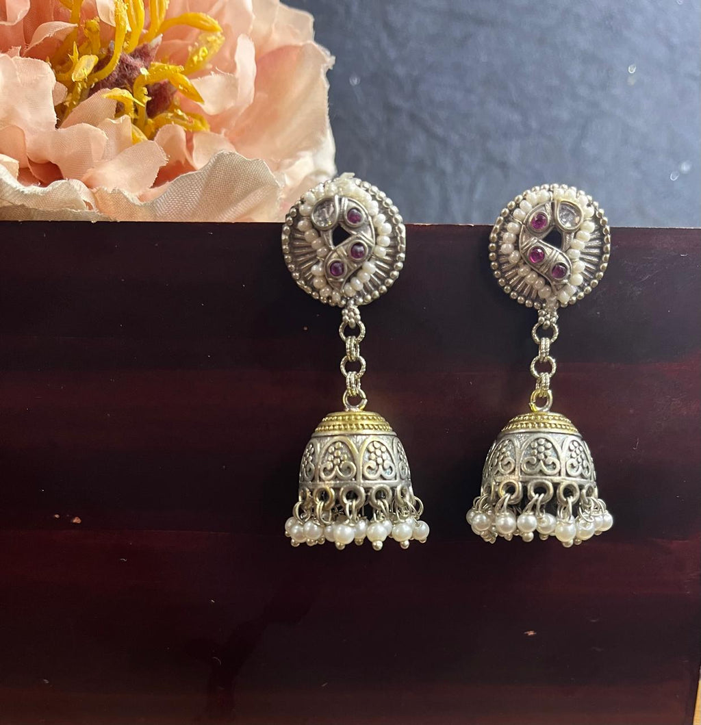 Dual tone jhumkhas with pearl carved line
