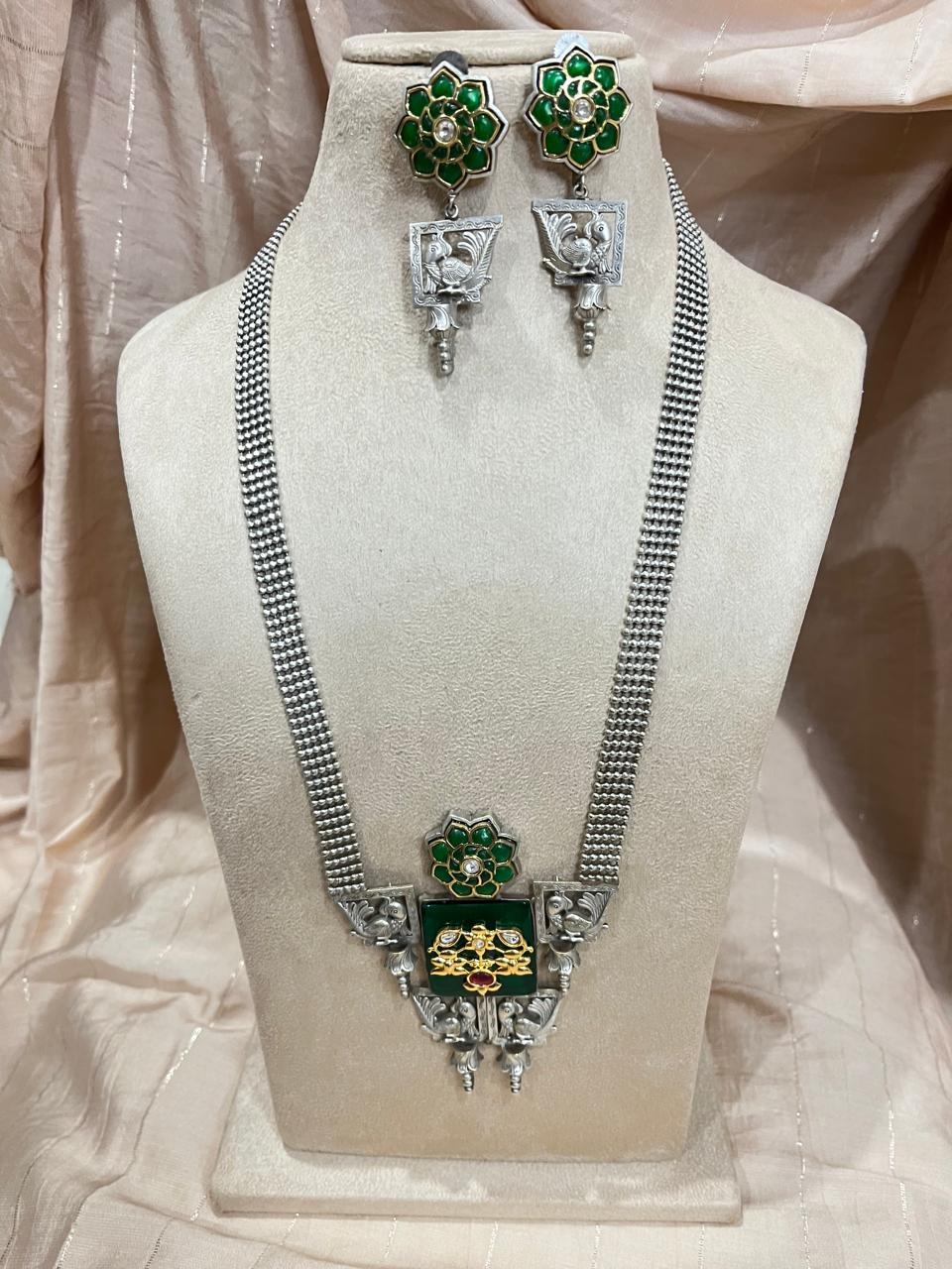 Green stone studded Silver replica Necklace set