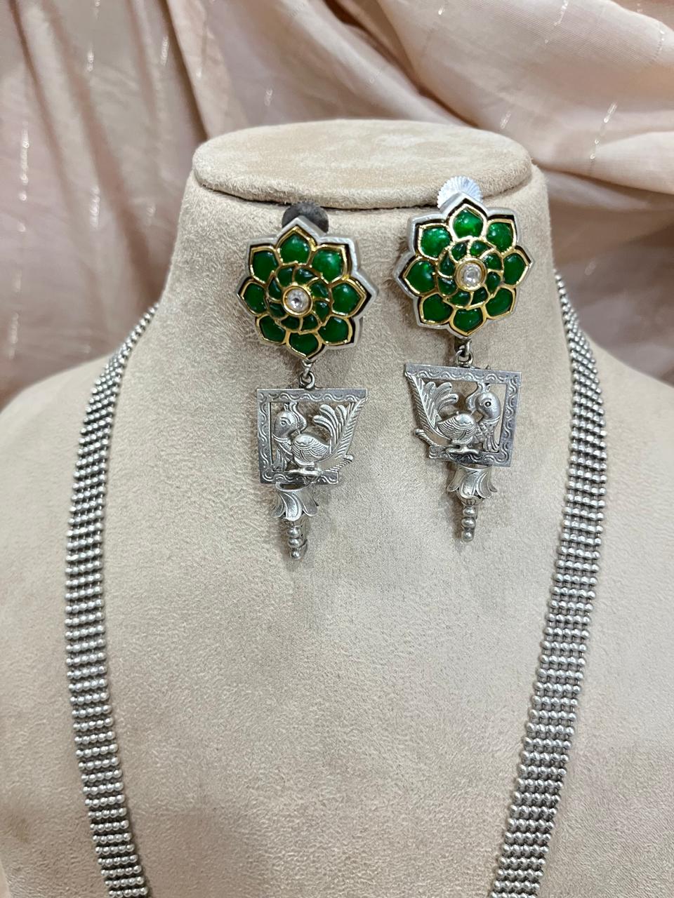 Green stone studded Silver replica Necklace set