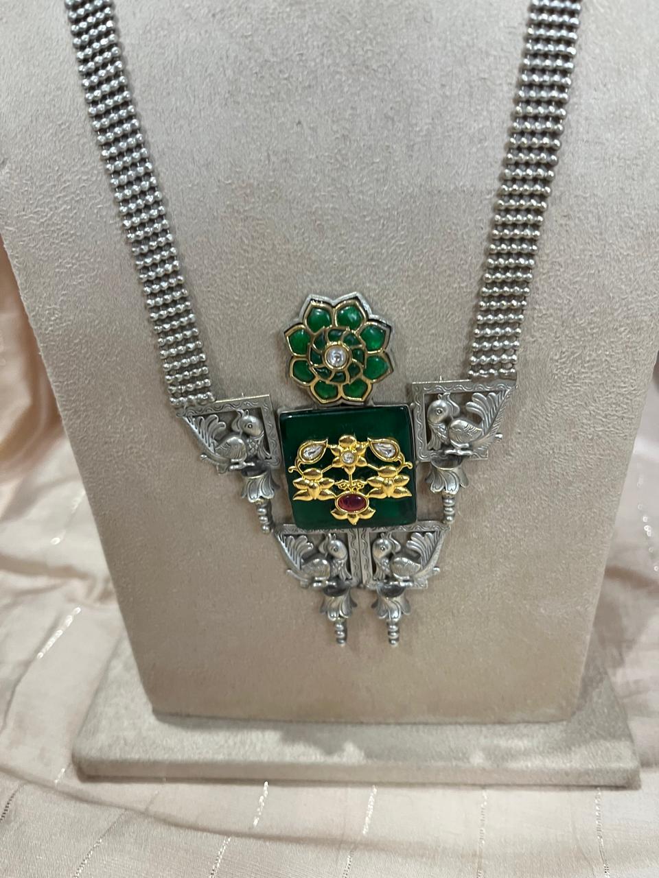 Green stone studded Silver replica Necklace set
