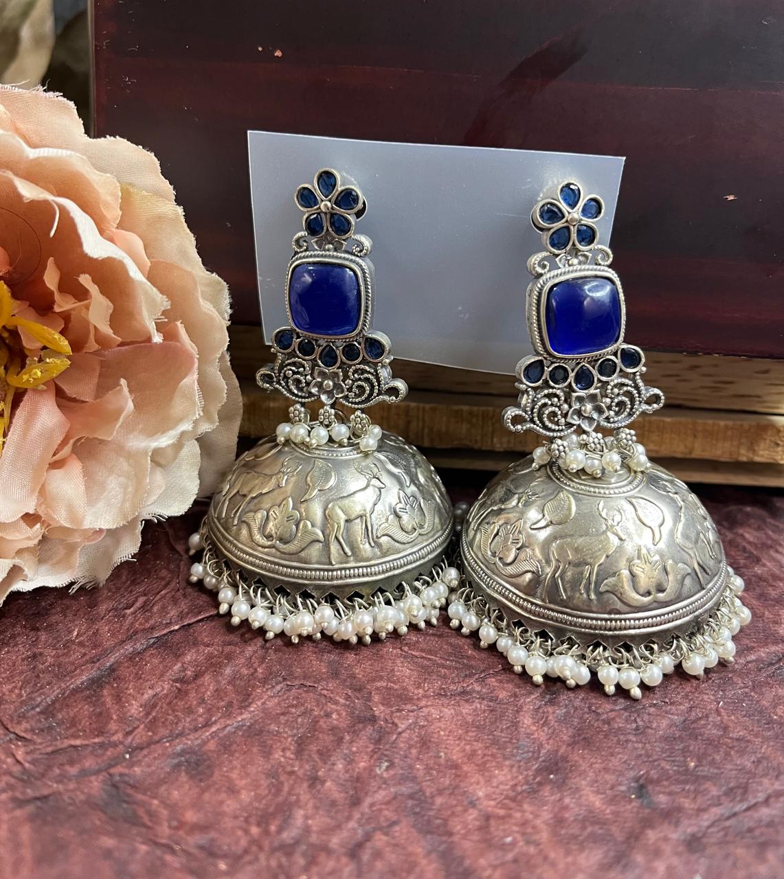 Stone studded silver replica big jhumkhas