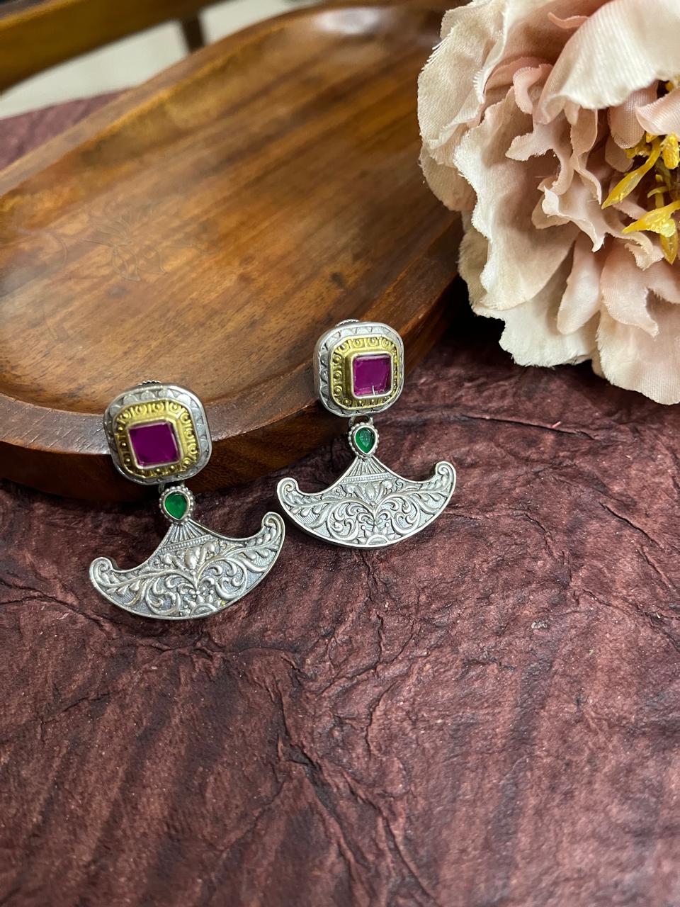Dual tone stone studded tops earrings